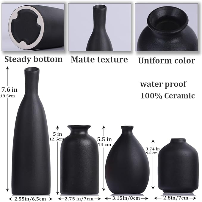 Black Ceramic Bud Vases Set of 4, Farmhouse & Mantle Decor, Living Room, Kitchen & Office, Coffee Table Decor, Bulk