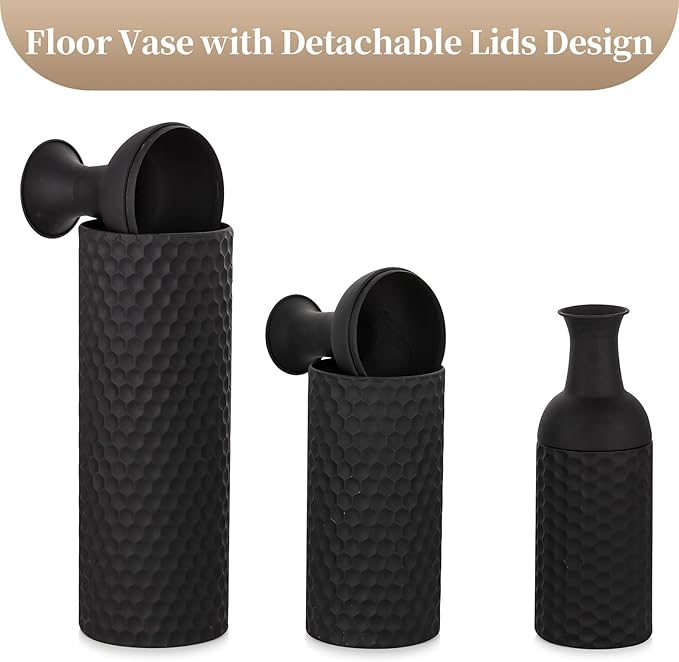Sziqiqi Large Black Vases Tall 27inch - Metal Floor Standing Vase Set of 3 Modern Honeycomb Texture Big Standing Vase for Living Room Dining Bedroom Home Corner Hallway Indoor Office