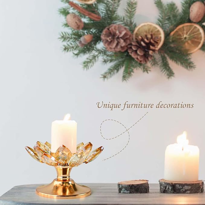 1 PC Gold Crystal Flower Tea Light Holder, Glass Tealight Candlestick with Metal Base, Votive Candle for Table Centerpiece, Wedding/Parties Decor, Nice Gift