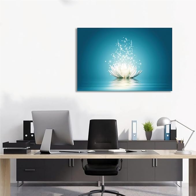 Zen Wall Art Flower Canvas Poster Lotus Bloom in Water Picture Lotus Prints Teal Blue Painting Room Aesthetic for Living Room Bedroom Yoga Spa Meditation Spiritual Wall Decor 16"x24" Unframed
