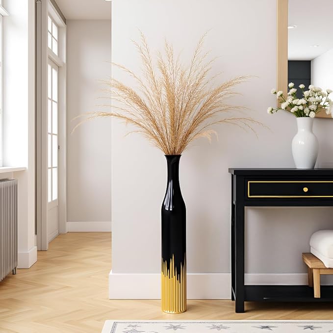 27.5 Inch Black Vase – Gold Tooth Design, Cylindrical Decorative Tall Floor Vase for Home Decor, Living Room, Entryway, Wedding – Resin Tall Vases