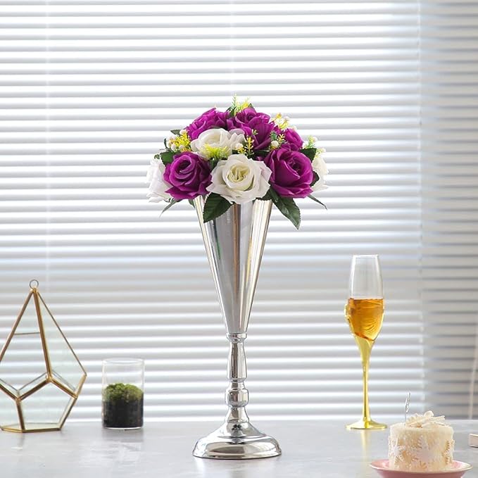 Tabletop Metal Wedding Flower Trumpet Vase Table Decorative Gold,Silver Candlestick Holders Flower Vase Stand Wedding Road Lead Tall Flower Holders (Silver, 10xM)