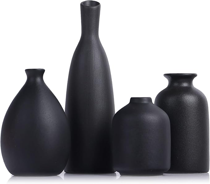 Black Ceramic Bud Vases Set of 4, Farmhouse & Mantle Decor, Living Room, Kitchen & Office, Coffee Table Decor, Bulk