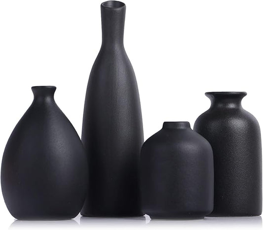Black Ceramic Bud Vases Set of 4, Farmhouse & Mantle Decor, Living Room, Kitchen & Office, Coffee Table Decor, Bulk