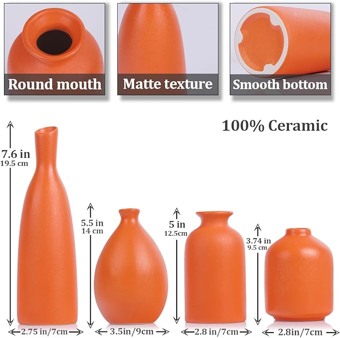 Orange Ceramic Bud Vases Set of 4, Farmhouse Style - Mantle & Shelf Decor - Living Room, Bathroom, Office & More
