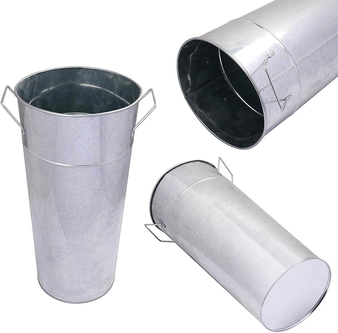 2 Pcs 15 Inch Tall Galvanized Metal Vase with Handles, French Flower Bucket Vases for Any Farmhouse, Modern, or Traditional Setting(Silver)