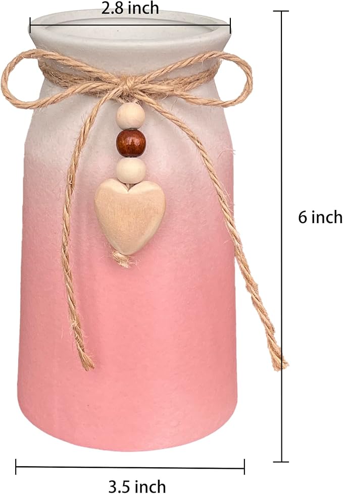 Decorative Ceramic Vase | 6-Inch with Jute Rope & Heart Charm | Perfect for Home, Office & Wedding Décor, Pink Color