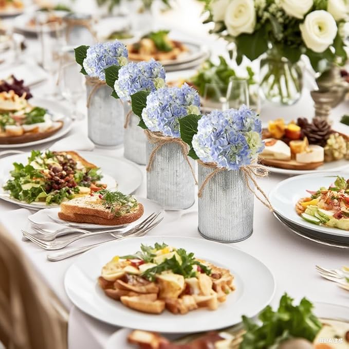 6" High Vase Centerpiece for Table, Rustic Farmhouse Mason Jars with Twine Bow, Vintage Galvanized Metal Flower Container for Wedding Home Decor (Silver, 2Pcs)