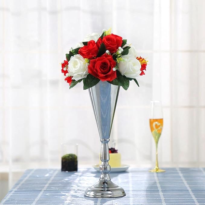 Tabletop Metal Wedding Flower Trumpet Vase Table Decorative Gold,Silver Candlestick Holders Flower Vase Stand Wedding Road Lead Tall Flower Holders (Silver, 10xM)