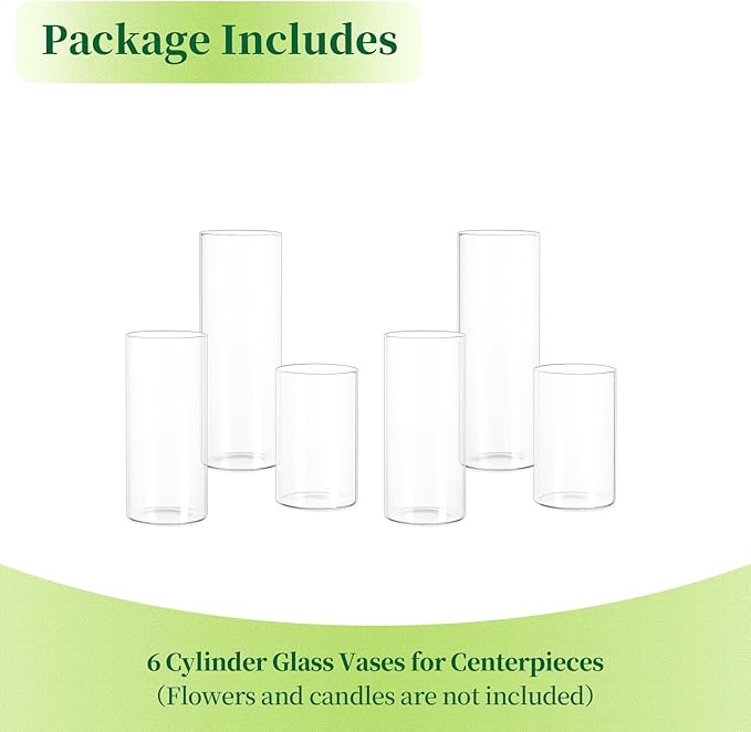 Glass Cylinder Vases Set of 6, Hewory Tall Clear Vase for Centerpieces, Glass Hurricane Candle Holders for Pillar or Floating Candles, Round Vases for Wedding Anniversary Events Table Decor, 3.3in