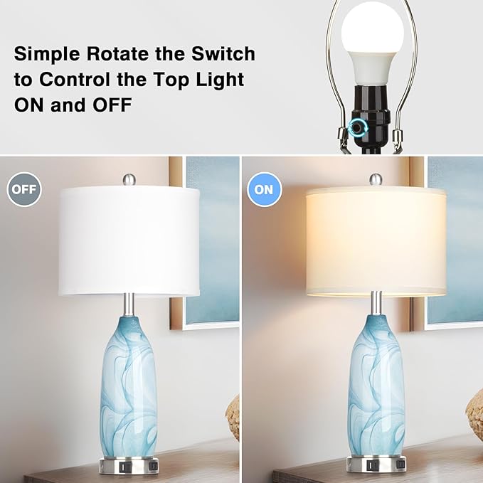 26" Coastal Glass Table Lamps Set of 2, Touch Control Bedside Lamp with USB A+C Ports and AC Outlet, Blue Lamp with Night Light for Nightstand Living Room Bedroom, 2 LED Bulbs Included
