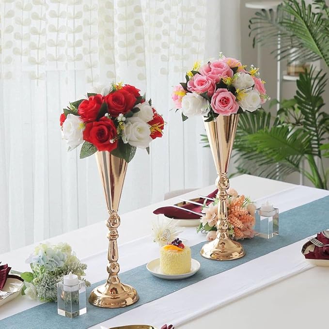 2 Pcs Tabletop Decoration Centerpiece, 16.7in Metal Wedding Flowers Gold Vase, Christmas Anniversary Birthday Party Home Decoration Flower Arrangement