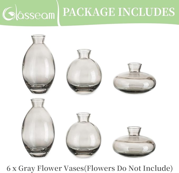 Glass Bud Vase for Centerpieces, 6Pcs/2Sets Glasseam Modern Gray Mini Small Vases for Flowers Bulk Flower Vase Set Aesthetic Cute Handmade Tiny Short Wedding Table Centerpiece Decor