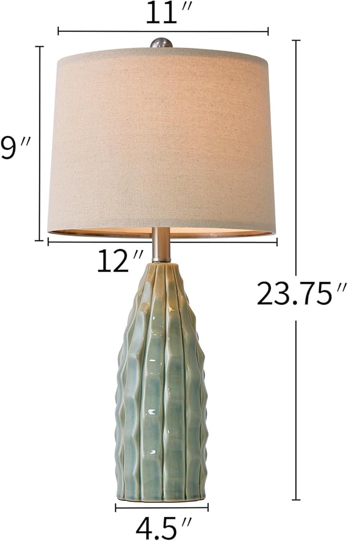Ceramic Table Lamps Set of 2, 23.75" Modern Farmhouse Bedside Lamp - Green Nightstand Lamps for Bedroom, Boho Living Room End Tables, Small Office Desk Lamp Decor