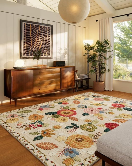 10x12 Area Rug Washable Rugs: Large Living Room Rug Stain Resistant Non Slip Distressed Vintage Floral Rug Low Pile Faux Wool Soft Rugs for Bedroom Bedside Farmhouse Dining Room Kids Playroom Nursery
