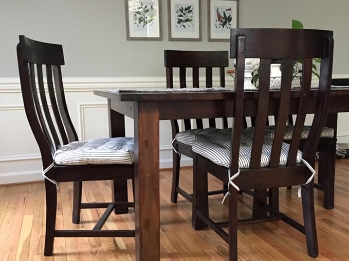 Barnett Home Decor Chair Cushions for Dining Chairs - 15x17 Kitchen Chair Cushions - Machine Washable, 100% Cotton, Made in USA - Latex Foam Comfort Chair Pads - Ticking Stripe Black Small Pack of 4