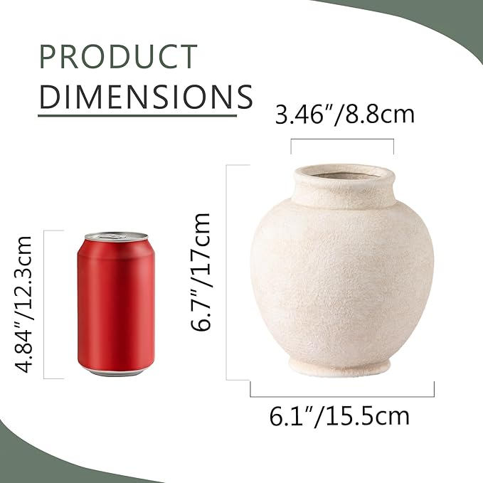 Ceramic Flower Vase, 6.7 Inch White Flower Vase Rustic Farmhouse Decorative Vase Floral Pottery Vases for Home Decor Table Living Room Entryway Mantel Bookshelf Bedroom Bathroom Kitchen - White