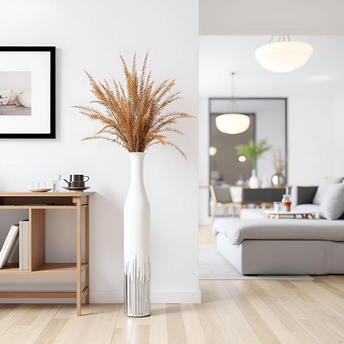 27.5 Inch White Floor Vase – Silver Geometric Tooth Pattern, Cylindrical Decorative Tall Vases for Modern Home, Wedding, Entryway – Resin Tall Floor Vase