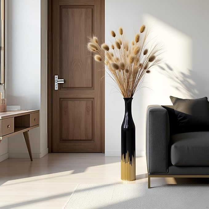 27.5 Inch Black Vase – Gold Tooth Design, Cylindrical Decorative Tall Floor Vase for Home Decor, Living Room, Entryway, Wedding – Resin Tall Vases