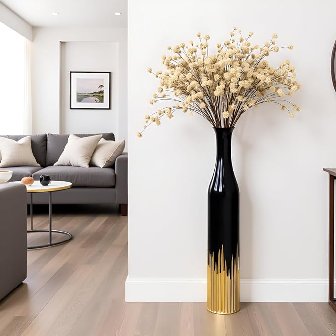 27.5 Inch Black Vase – Gold Tooth Design, Cylindrical Decorative Tall Floor Vase for Home Decor, Living Room, Entryway, Wedding – Resin Tall Vases