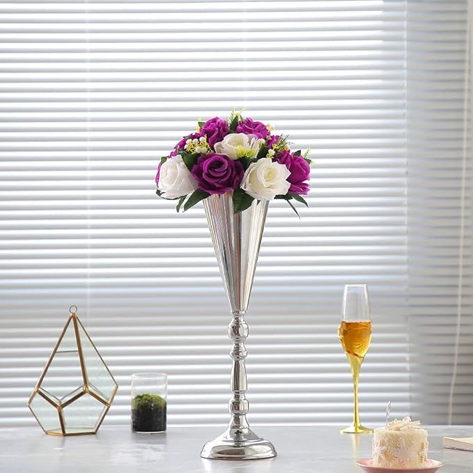 Tabletop Metal Wedding Flower Trumpet Vase Table Decorative Gold,Silver Candlestick Holders Flower Vase Stand Wedding Road Lead Tall Flower Holders
