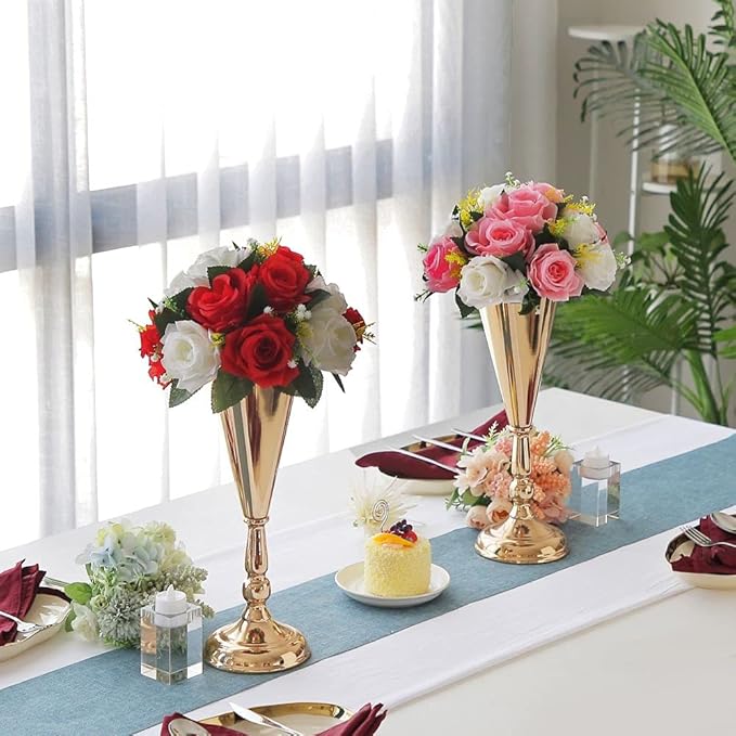 10 Pcs Tabletop Decoration Centerpiece, 14.4in Metal Wedding Flowers Small Gold Vase, Christmas Anniversary Birthday Party Home Decoration Flower Arrangement