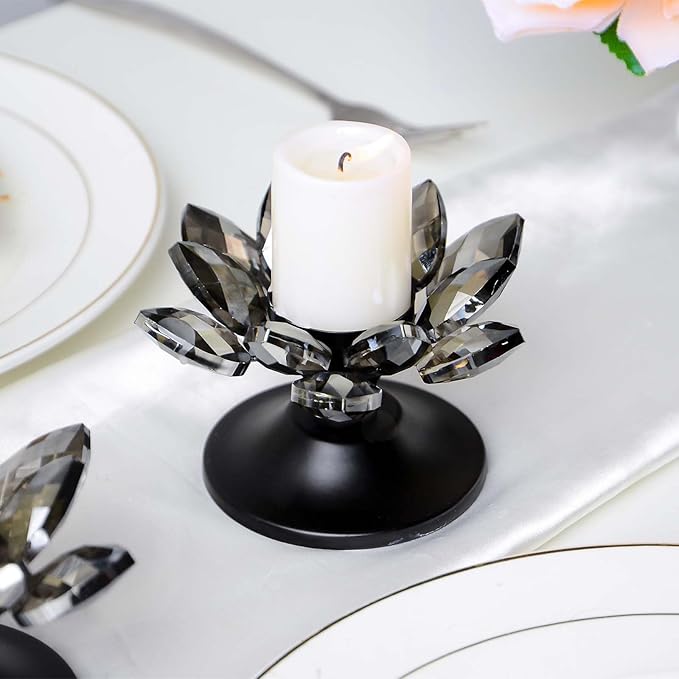 1 PC Black Crystal Flower Tea Light Holder, Glass Tealight Candlestick with Metal Base, Votive Candle for Table Centerpiece, Wedding/Parties Decor, Nice Gift