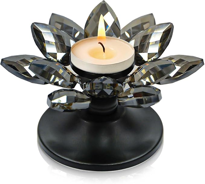 1 PC Black Crystal Flower Tea Light Holder, Glass Tealight Candlestick with Metal Base, Votive Candle for Table Centerpiece, Wedding/Parties Decor, Nice Gift