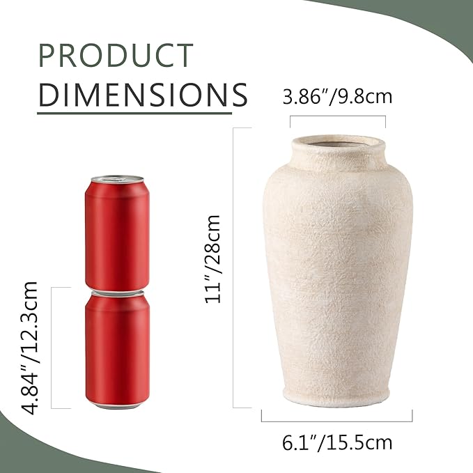 Ceramic Flower Vase, 11 Inch Large White Flower Vase Tall Rustic Farmhouse Decorative Vase Floral Pottery Vases for Home Decor Table Living Room Entryway Mantel Bedroom Bathroom Kitchen - White