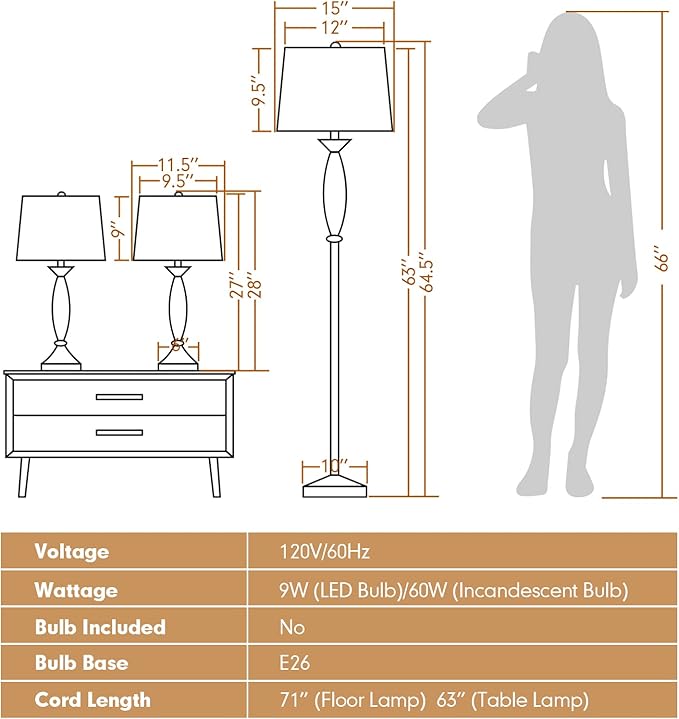 Tangkula 3-Piece Modern Lamp Set, 2 Table Lamps & 1 Floor Lamp with Weighted Base and Eye-Protecting Lamp Shade, Perfect for Bedroom & Living Room, 3 x E26 Bulbs Required (Nickel)