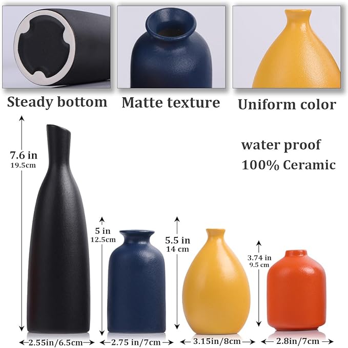 Colorful Ceramic Bud Vases Set of 4 - Modern Yellow, Orange, Blue Small Vases for Home Decor - Ideal for Living Room, Kitchen, Office, Bathroom, Mantle, Entrance, Farmhouse & Coffee Table Decorations
