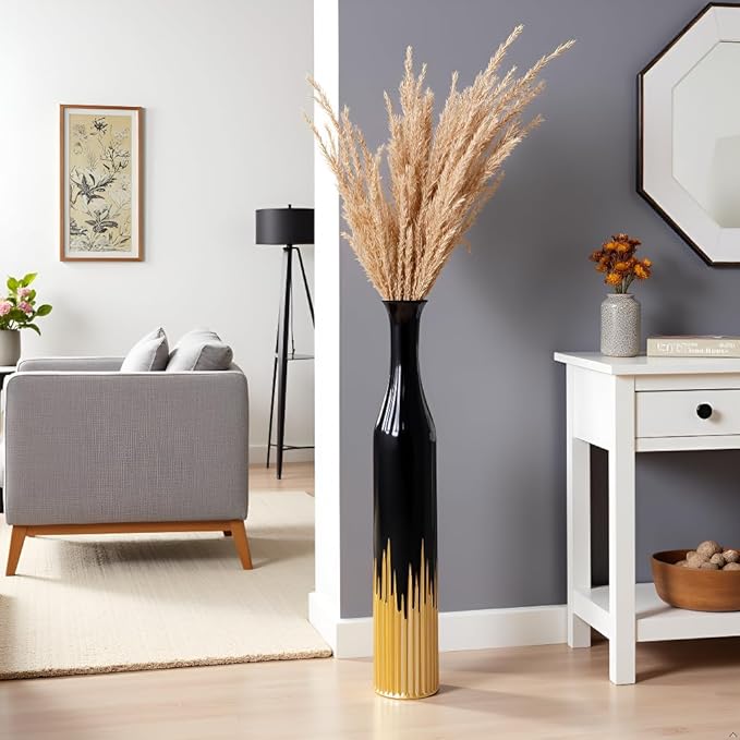 27.5 Inch Black Vase – Gold Tooth Design, Cylindrical Decorative Tall Floor Vase for Home Decor, Living Room, Entryway, Wedding – Resin Tall Vases