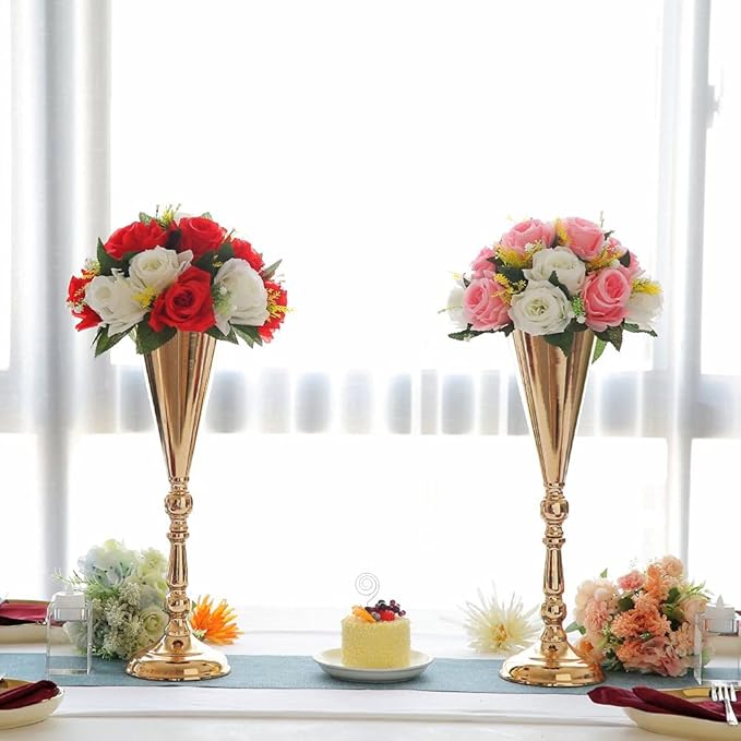 2 Pcs Tabletop Decoration Centerpiece, 16.7in Metal Wedding Flowers Gold Vase, Christmas Anniversary Birthday Party Home Decoration Flower Arrangement