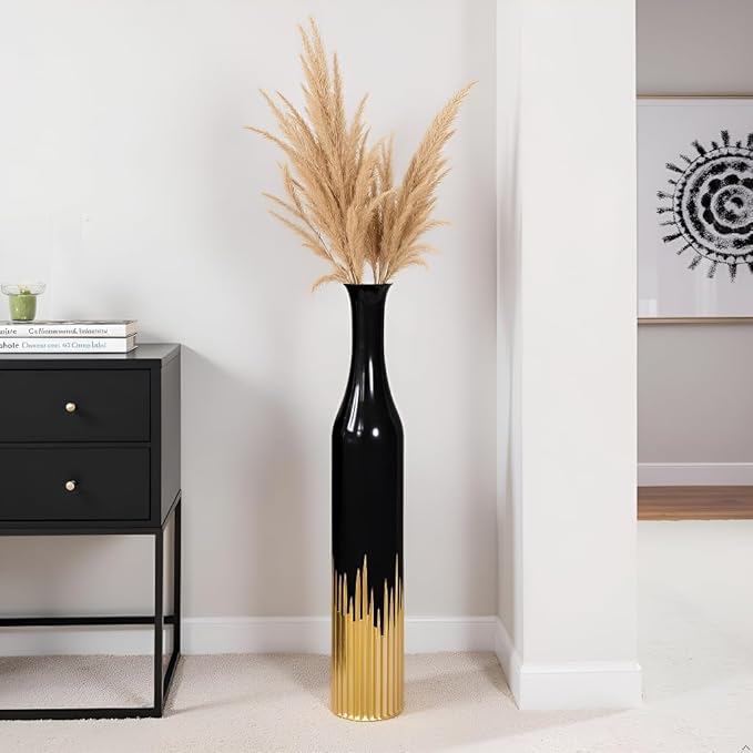 27.5 Inch Black Vase – Gold Tooth Design, Cylindrical Decorative Tall Floor Vase for Home Decor, Living Room, Entryway, Wedding – Resin Tall Vases