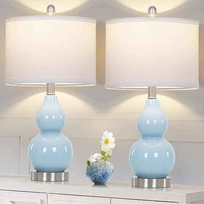 22" Double Gourd Ceramic Table Lamps Set of 2, Blue Modern Bedside Lamps for Living Room, Contemporary Nightstand Desk Lamps for Bedroom End Table Home Office Study Room Decor(2 LED Bulbs Included)