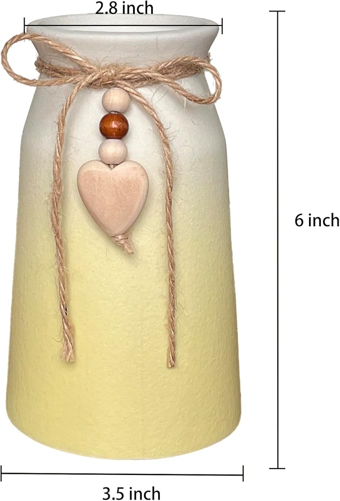 6-Inch Ceramic Flower Vase with Jute Rope & Heart Charm | Perfect for Boho, Farmhouse & Modern Home Décor, Yellow