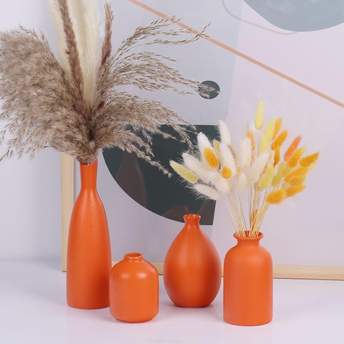 Orange Ceramic Bud Vases Set of 4, Farmhouse Style - Mantle & Shelf Decor - Living Room, Bathroom, Office & More