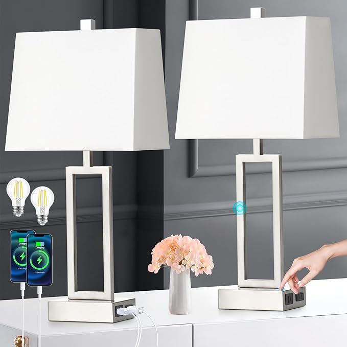 Touch Control Table Lamps for Living Room, 3-Way Dimmable Modern Table Lamp with USB A+C Charging Ports & AC Outlets, Bedside Contemporary Nightstand Desk Lamps with Fabric White Shade for Bedrooms