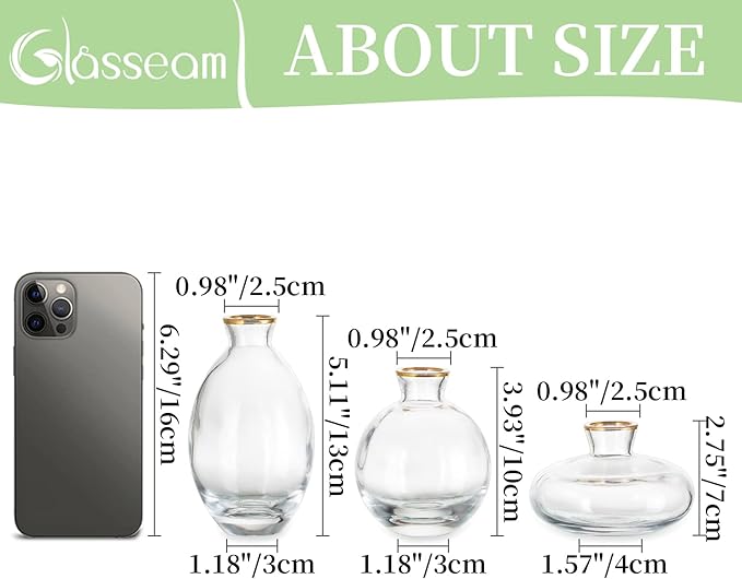 Glass Bud Vase for Centerpieces: 12Pcs Glasseam Gold Rim Mini Small Vases for Flowers Bulk Flower Vase Set Aesthetic Cute Handmade Tiny Short Wedding Table Centerpiece Decor