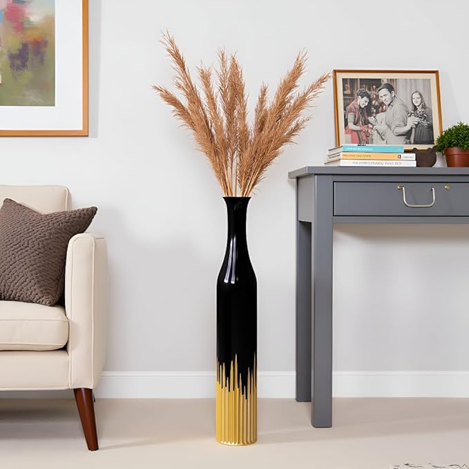 27.5 Inch Black Vase – Gold Tooth Design, Cylindrical Decorative Tall Floor Vase for Home Decor, Living Room, Entryway, Wedding – Resin Tall Vases