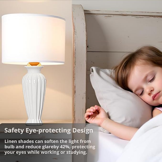 White Table Lamps for Living Room, Modern Ceramic Table Lamp for Bedroom Office Dorm, Vintage Bedside Lamps for Bedroom Decor Farmhouse