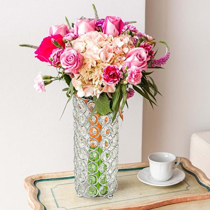 8 Pcs Crystal Metal Vase Centerpiece, 7.9" Cylinder Flower Vase and Hollow-Out Candle Holder for Wedding, Party, Home Table Decor (8, Silver)