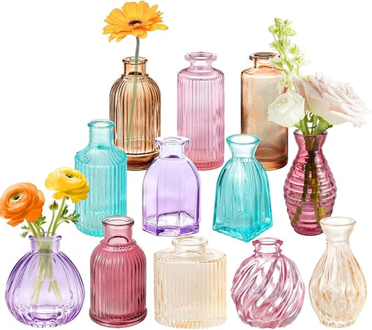 12PCS Mixed Colored Bud Vases Small Glass Vases for Flowers Colorful Vintage Flower Vase for Centerpieces Aesthetic Glass Bottles Bulk Wedding Baby Shower Home Decorations Gifts