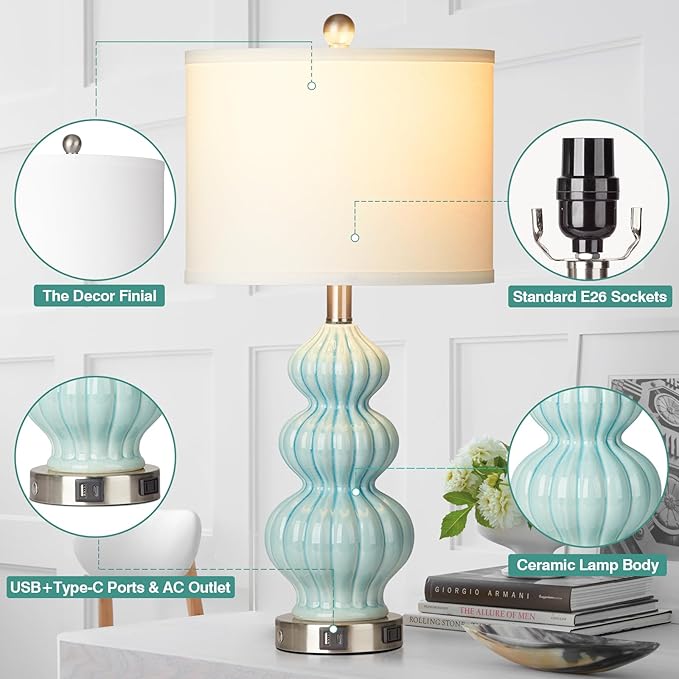 Ceramic Table Lamps Set of 2, Green Modern Bedside 26" Nightstand Lamp 3-Way Dimmable Lamp for Bedroom Living Room Contemporary, Side Table Lamp, Bulbs Included