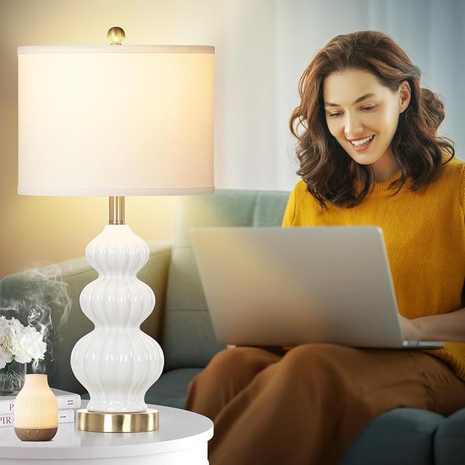 Triple Gourd Ceramic Table Lamps Set of 2, Modern White Bedside Lamps with Rotary Switch， Contemporary Nightstand Lamps for Bedroom Living Room