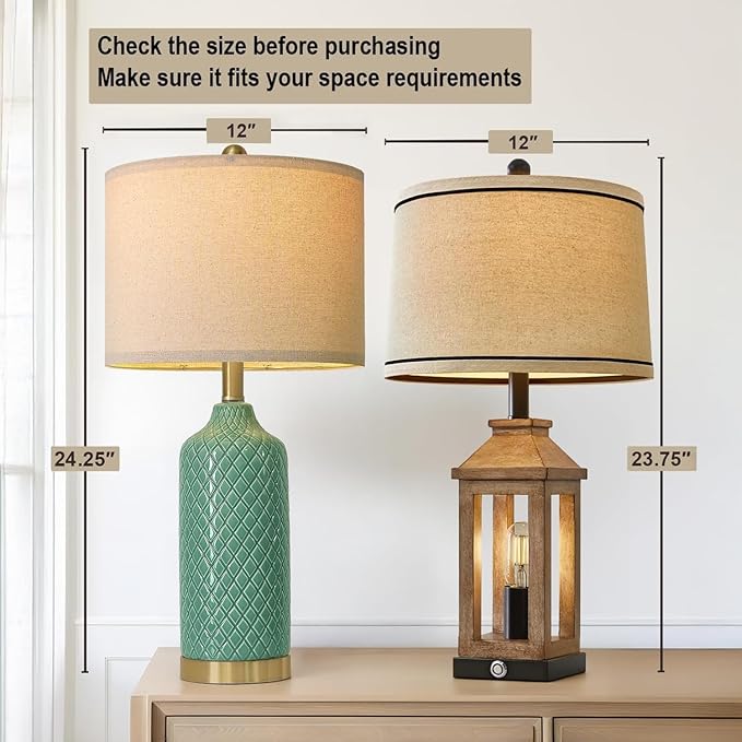 G-SAFAVA24.25 Modern Ceramic Green Table Lamps Set of 2 for Living Room, Farmhouse, Bedside, Bedroom, Side & End Tables Nightstand Light Home Office Desk Lamps Gifts