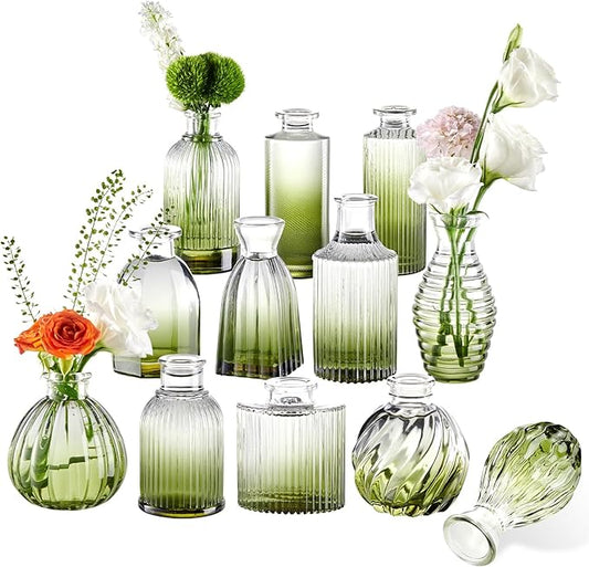 Green Bud Vases Set of 12, Green Glass Vase for Decor, Small Vases for Flowers Ribbed Flower Vase Stripe Bud Vases in Bulk Wedding Birthday Bridal Shower Centerpieces Home Table Decoration
