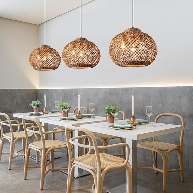 1-Pack 16.94” Rattan Pendant Light Fixture,3-Light Bohemian Handmade Woven Bamboo Rattan Ceiling Suspension Farmhouse Pendant for Kitchen Island Bedroom Living Room