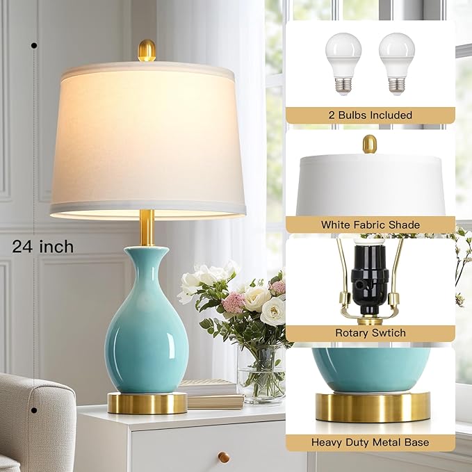 24" Bedroom Table Lamps Set of 2, Modern Classic Ceramic Lamps for Living Room, Small Bedside Table Lamp for Nightstand or End Table, Aqua Blue (2 LED Bulbs Included)
