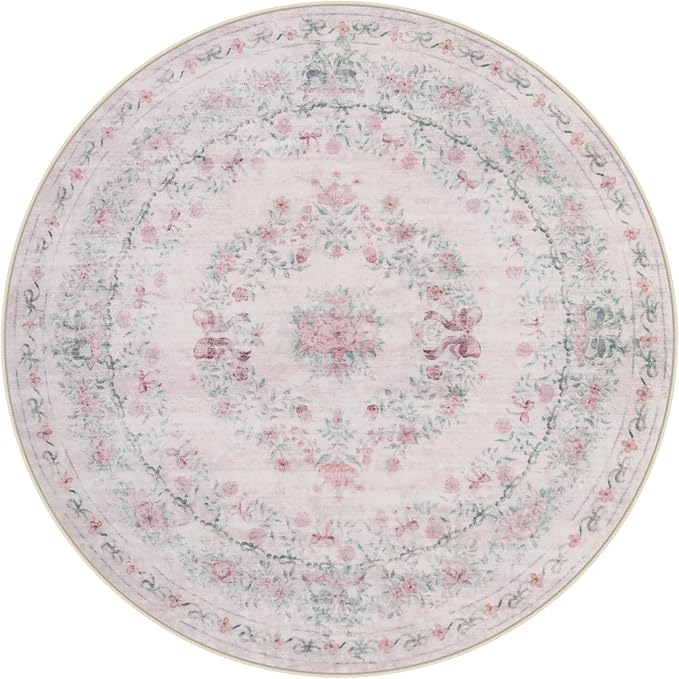 Wonnitar Pink Washable Round Rugs 6ft, Bow Round Area Rug for Bedroom, Ultra-Thin Non Slip Soft Boho Floral Circle Carpet for Teen Girl Room Kids Nursery Living Room Decor, Light Pink